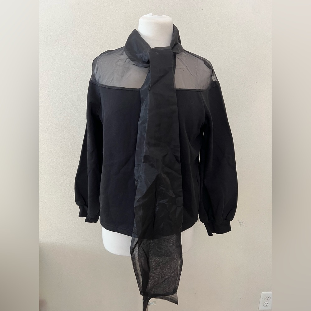Zara Women's Black Blouse Top Long Sleeve with Sheer Scarf Small NEW WITH TAG